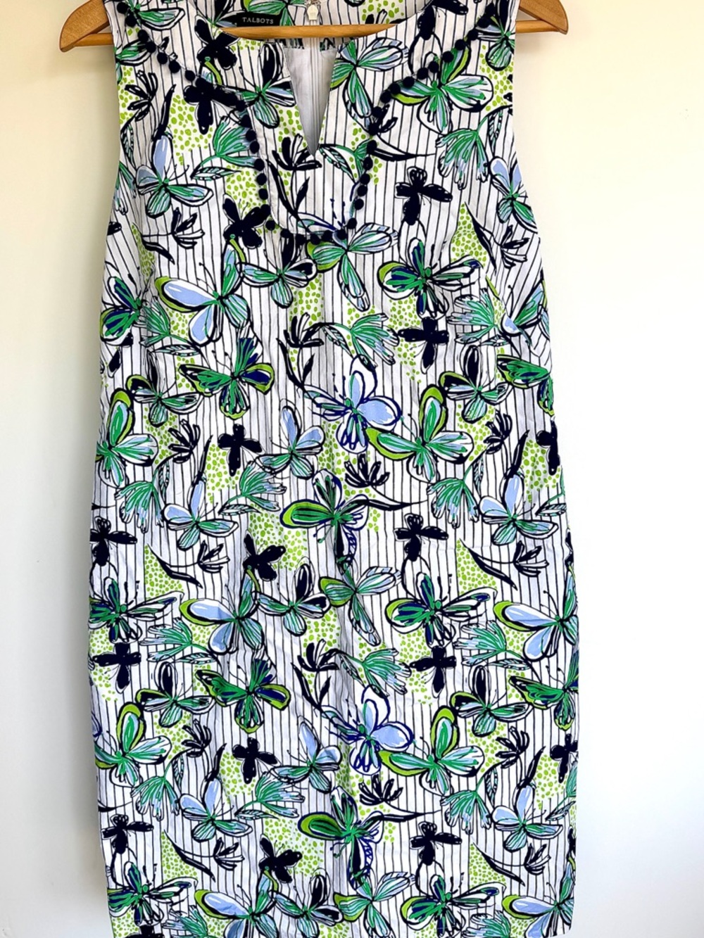 Talbots White Floral Sheath Dress with Green & Navy Accents